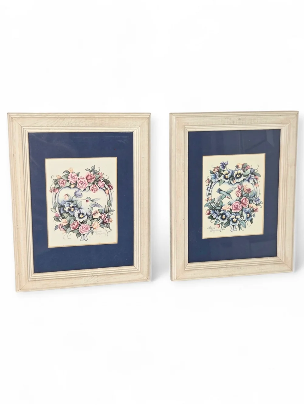 Vintage 90s Blue Hummingbird Floral Wooden Wall Decor Set Laurie Korsgaden